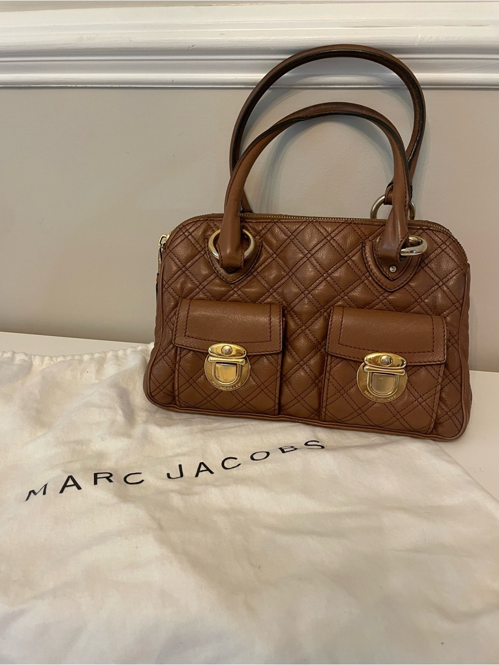 Vintage Marc Jacobs Quilted Leather Satchel Brown Gold Hardware